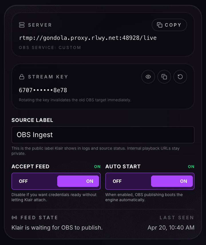 Klair OBS ingest settings showing private ingest controls